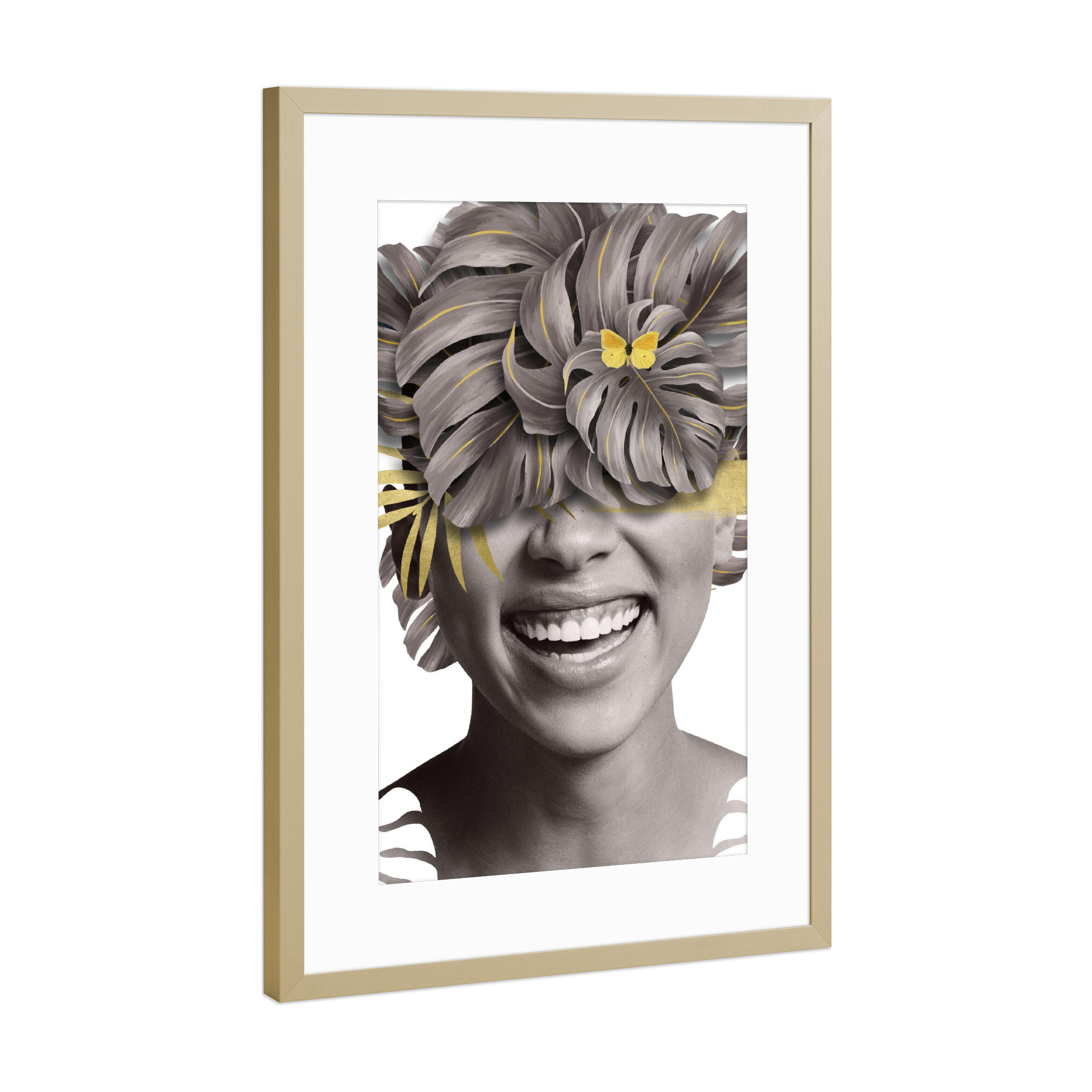 Poster mit Rahmen Gold "Frau Blume Lächeln Weiß" artboxONE - Natur,Abstrakt,Menschen - Abstrakt,Blatt,Gelb,Grau,Blume,Frau blume,Lächeln