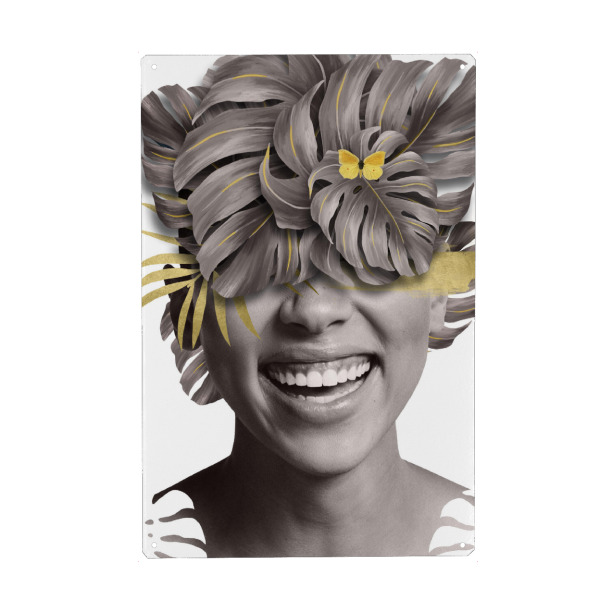 Metall Poster "Frau Blume Lächeln Weiß" artboxONE - Natur,Abstrakt,Menschen - Abstrakt,Blatt,Gelb,Grau,Blume,Frau blume,Lächeln - Blechschild