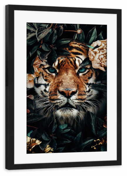 Poster mit Rahmen schwarz "Kopf des Dschungel-Tigers" artboxONE - Natur,Floral,Tiere - Tiger,Tigerkopf,Dschungeltiger,Dschungel,Blätter,Tier