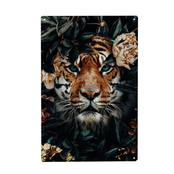 Metall Poster "Kopf des Dschungel-Tigers" artboxONE - Natur,Floral,Tiere - Tiger,Tigerkopf,Dschungeltiger,Dschungel,Blätter,Tier - Blechschild