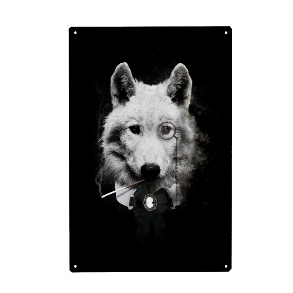 Metall Poster "Klasse Wolf" artboxONE - Tiere,Schwarzweiß - Wolf,Wolf mit halsband,Bekleideter wolf,Tier mit kleidung,Edles tier,Tier,Schwarzweiß