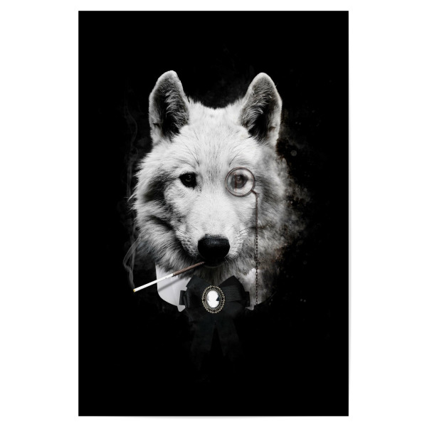 Poster "Klasse Wolf" artboxONE - Tiere,Schwarzweiß - Wolf,Wolf mit halsband,Bekleideter wolf,Tier mit kleidung,Edles tier,Tier,Schwarzweiß