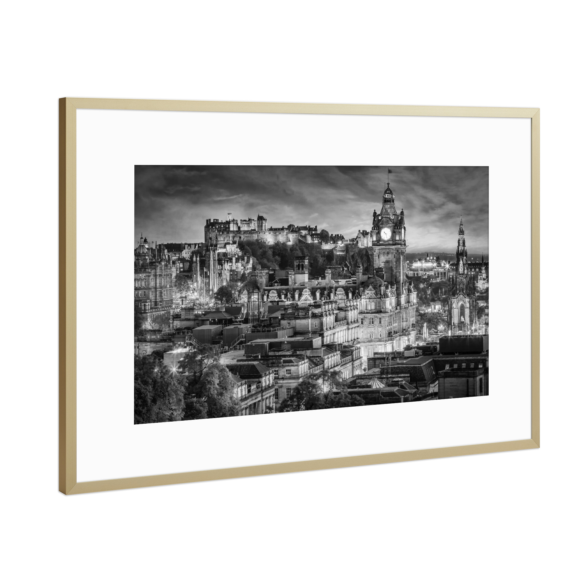 Poster mit Rahmen Gold "Edinburgh am Abend" artboxONE - Städte,Schwarzweiß,Architektur