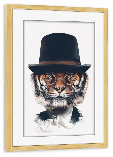 Poster mit Rahmen kiefer "Edles Tigerlicht" artboxONE - Tiere - Tiger,Tiger mit hut,Hut,Tiger mit kleidung,Große katze,Tier