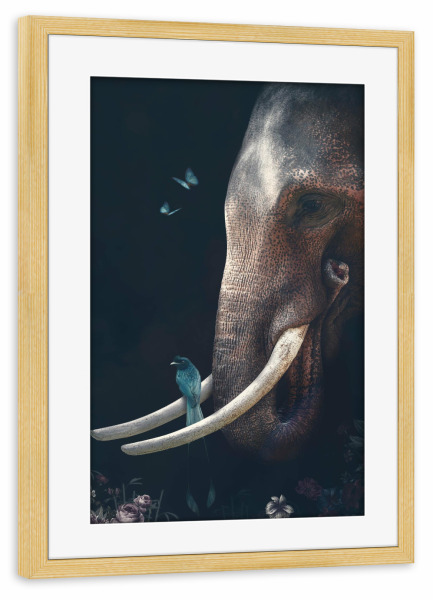 Poster mit Rahmen kiefer "Elefant mit Freunden" artboxONE - Natur,Floral,Tiere - Elefant,Stoßzahn,Elefantenkopf,Tier