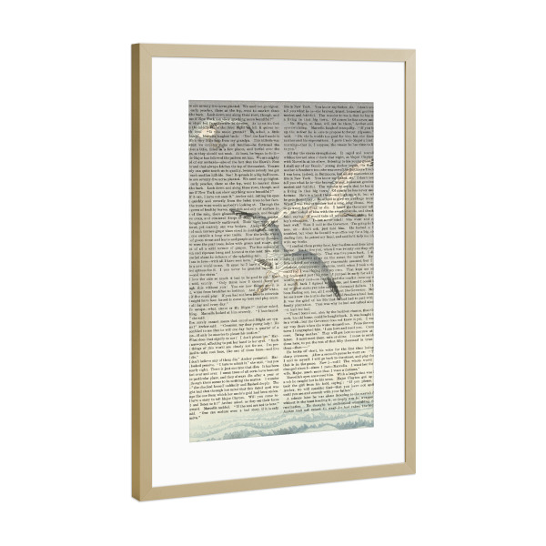 Poster mit Rahmen Gold "Möwen fliegen auf Worten" artboxONE - Natur,Reise,Tiere - Möwen,Vögel,Tiere,Natur,Meer,Text,Worte,Malerei,Gemälde,Kunst