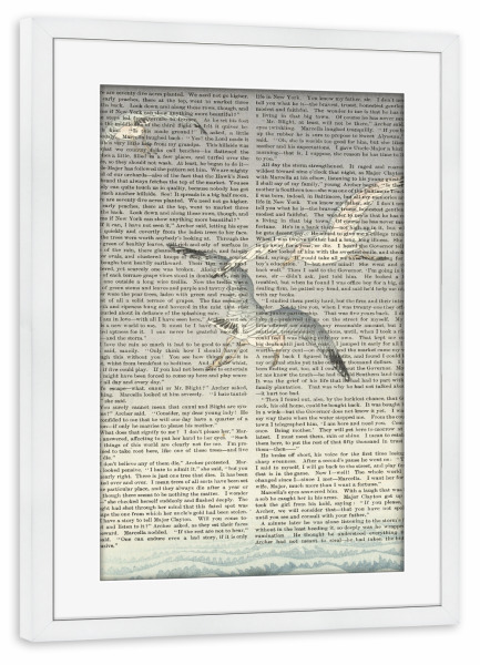 Poster mit Rahmen weiß "Möwen fliegen auf Worten" artboxONE - Natur,Reise,Tiere - Möwen,Vögel,Tiere,Natur,Meer,Text,Worte,Malerei,Gemälde,Kunst