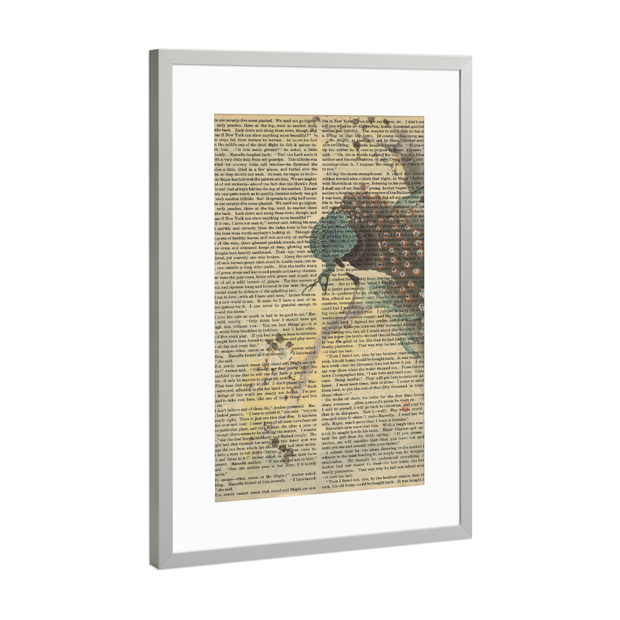 Poster mit Rahmen Silber "Pfau auf Worten" artboxONE - Natur,Tiere - Pfau,Vogel,Tier,Worte,Text,Kunst,Malerei,Gemälde