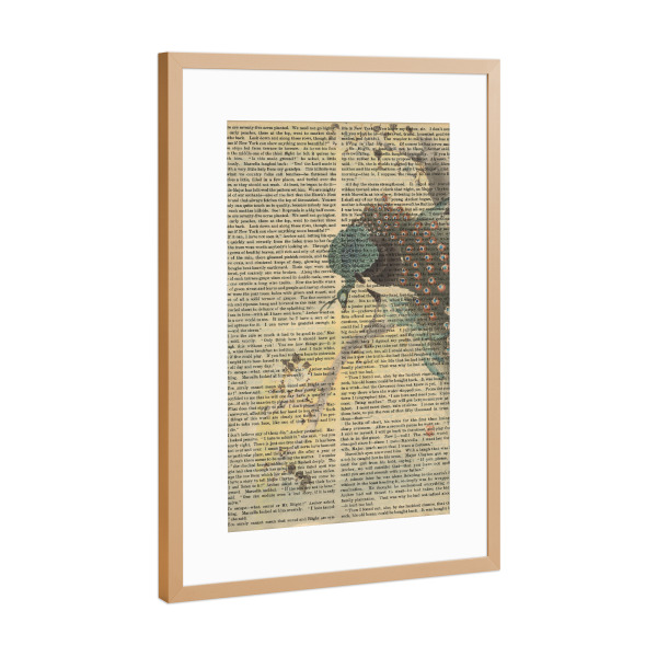 Poster mit Rahmen Kupfer "Pfau auf Worten" artboxONE - Natur,Tiere - Pfau,Vogel,Tier,Worte,Text,Kunst,Malerei,Gemälde