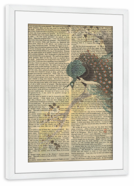 Poster mit Rahmen weiß "Pfau auf Worten" artboxONE - Natur,Tiere - Pfau,Vogel,Tier,Worte,Text,Kunst,Malerei,Gemälde