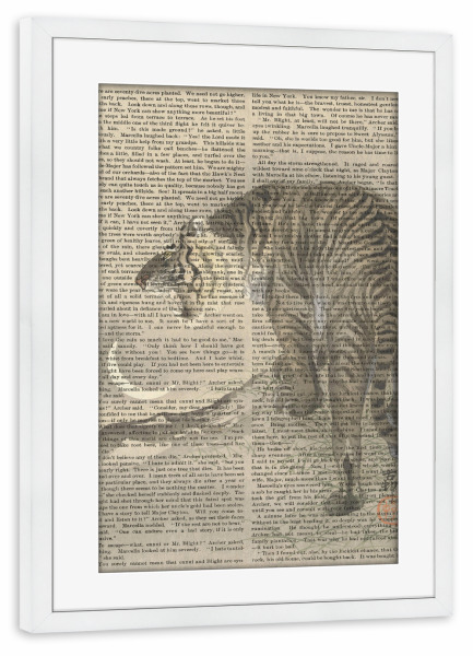 Poster mit Rahmen weiß "Brüllender Tiger auf Worten" artboxONE - Natur,Tiere - Tiger,Brüllend,Natur,Worte,Text,Malerei,Gemälde,Kunst