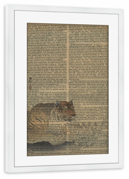 Poster mit Rahmen weiß "Tiger auf Worten" artboxONE - Natur,Tiere - Tiger,Tier,Worte,Text,Natur,Malerei,Gemälde,Kunst