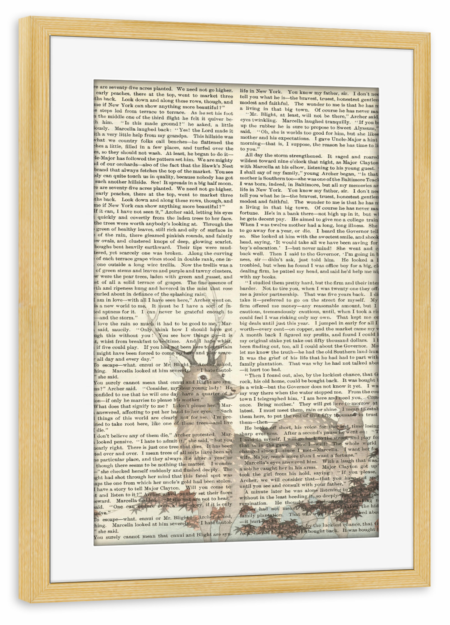 Poster mit Rahmen kiefer "Zwei Rehe auf Worten" artboxONE - Natur,Tiere - Hirsch,Reh,Tier,Kunst,Malerei,Gemälde,Worte,Text