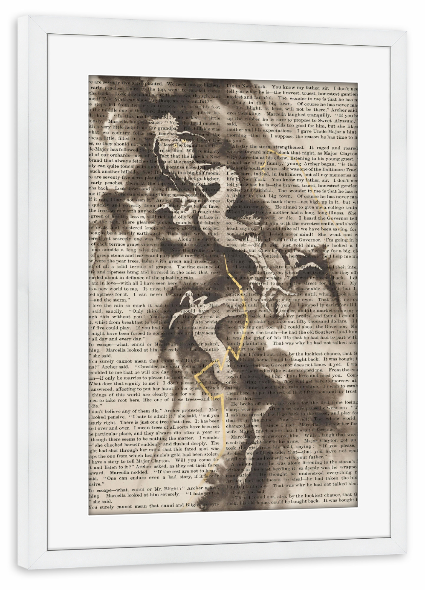 Poster mit Rahmen weiß "Ein Drache auf Worten" artboxONE - Tiere,Fiktion - Drache,Fabelwesen,Tier,Kunst,Malerei,Gemälde,Fliegen,Text,Worte