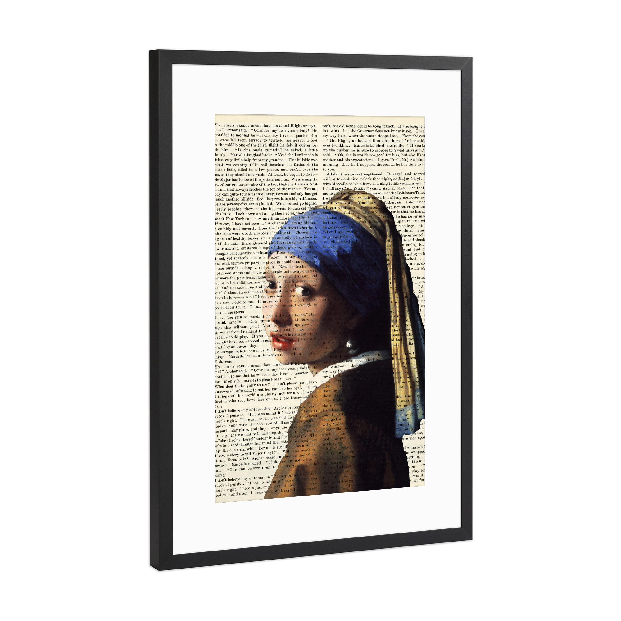 Poster mit Rahmen Schwarz (Metallic) "Das Mädchen auf Worten" artboxONE - Menschen - Mädchen,Perlohrring,Frau,Kunst,Malerei,Gemälde,Text,Worte