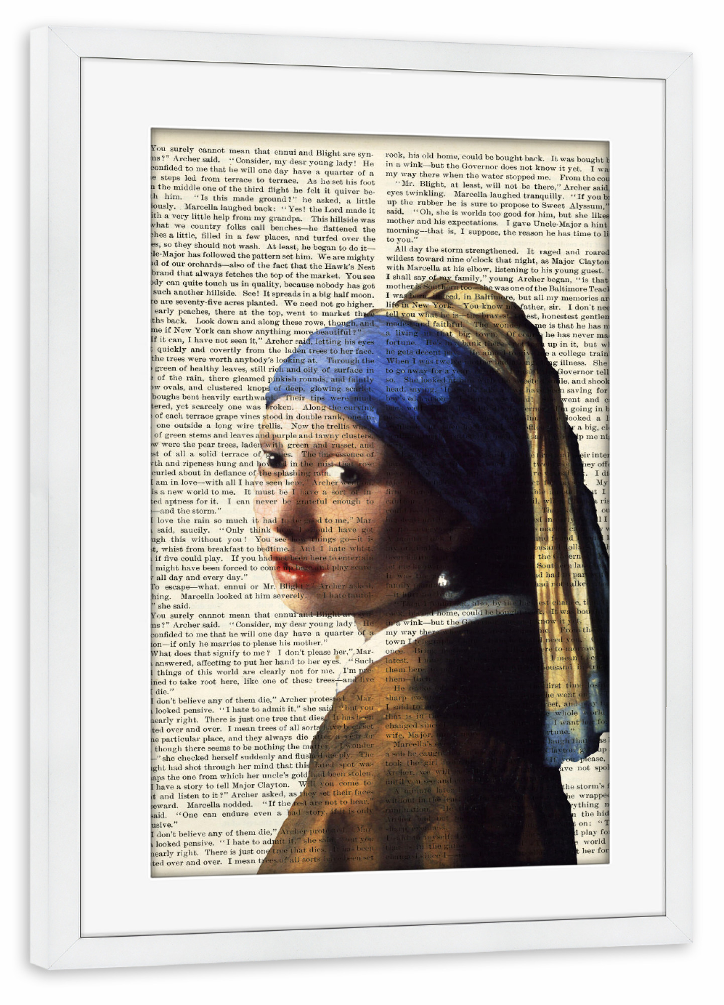 Poster mit Rahmen weiß "Das Mädchen auf Worten" artboxONE - Menschen - Mädchen,Perlohrring,Frau,Kunst,Malerei,Gemälde,Text,Worte