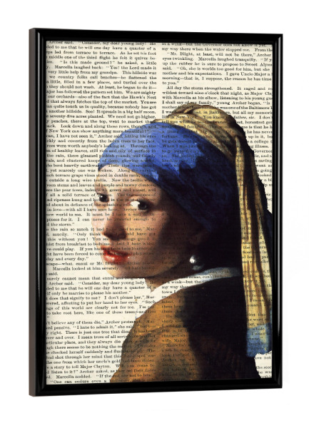 Poster mit schwarzem Rahmen "Das Mädchen auf Worten" artboxONE - Menschen - Mädchen,Perlohrring,Frau,Kunst,Malerei,Gemälde,Text,Worte