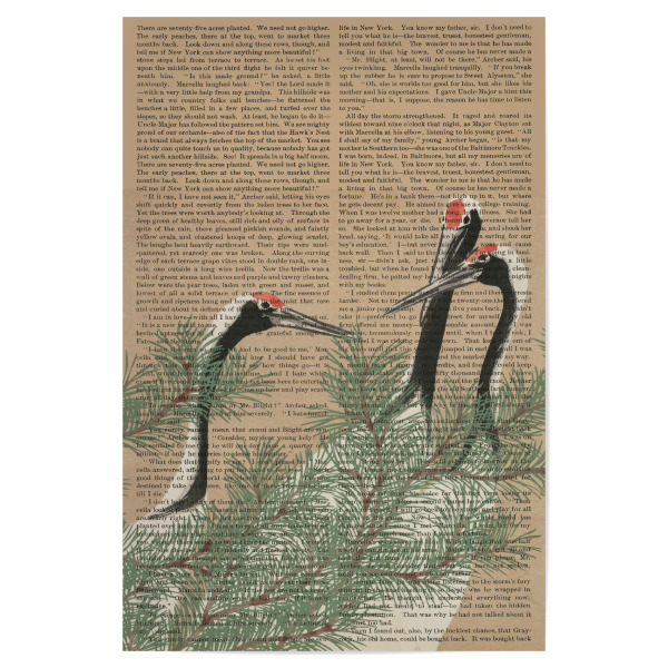 Poster 30x20 cm "Kraniche auf Worten" artboxONE - Natur,Tiere - Kraniche,Tiere,Malerei,Gemälde,Kunst,Text,Worte,Vögel