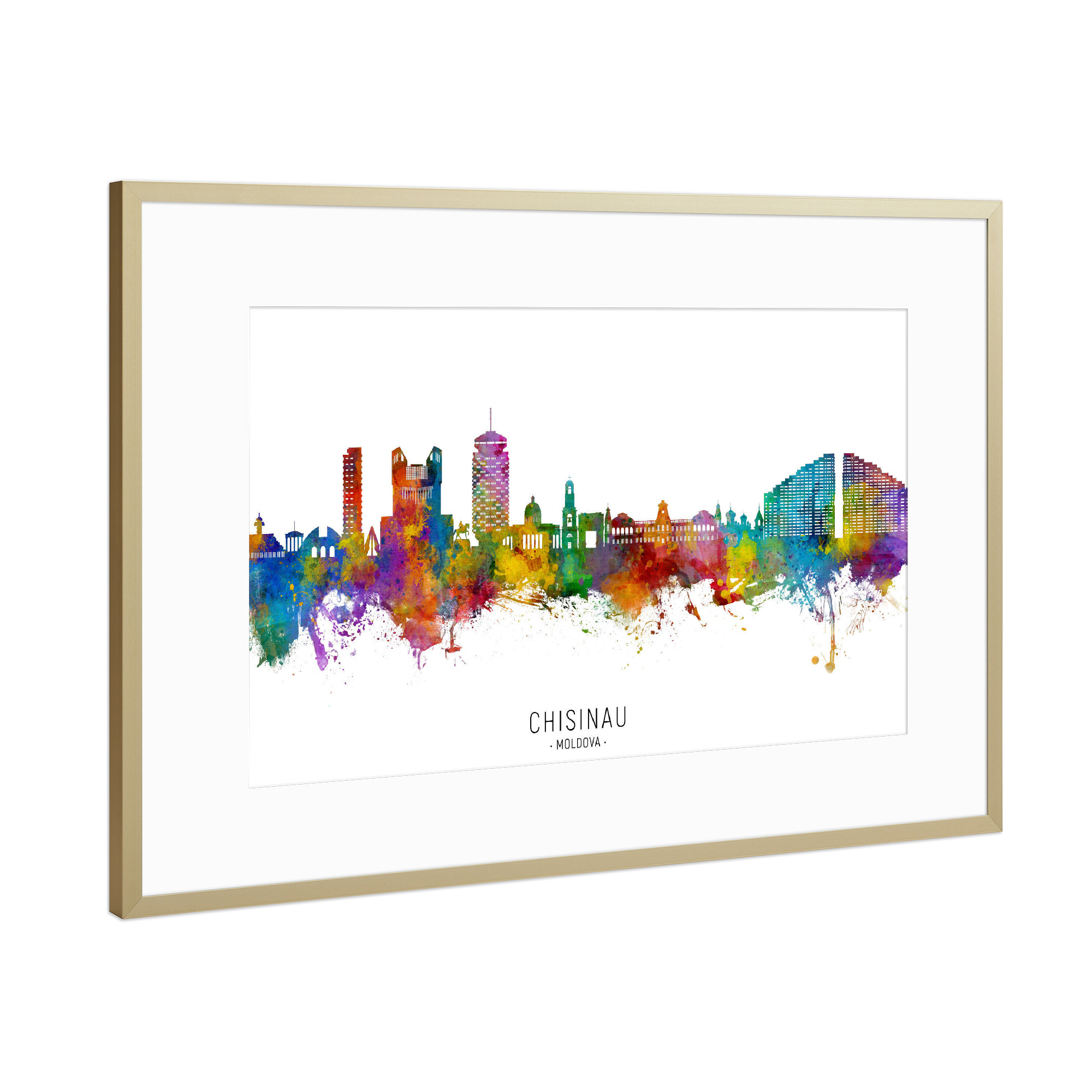 Poster mit Rahmen Gold "Chisinau Moldawien Skyline txt" artboxONE - Städte - Chisinau,Moldawien,Skyline,Stadtbild,Stadtbild,Aquarell,Malerei