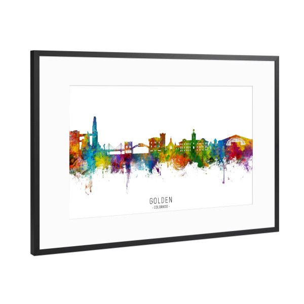 Poster mit Rahmen Schwarz (Metallic) "Goldene Colorado-Skyline txt" artboxONE - Städte - Golden,Colorado,Skyline,Stadtbild,Stadtbild,Aquarell,Malerei