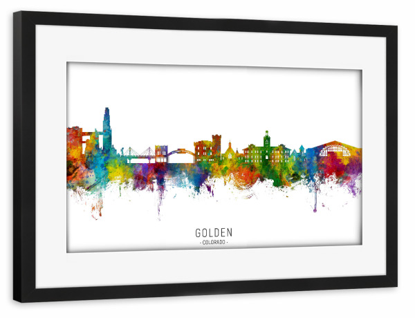 Poster mit Rahmen schwarz "Goldene Colorado-Skyline txt" artboxONE - Städte - Golden,Colorado,Skyline,Stadtbild,Stadtbild,Aquarell,Malerei