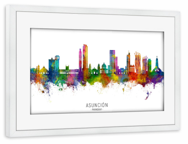 Poster mit Rahmen weiß "Asunción Paraguay Skyline txt" artboxONE - Städte - Asunción,Paraguay,Skyline,Stadtbild,Stadtbild,Aquarell,Malerei