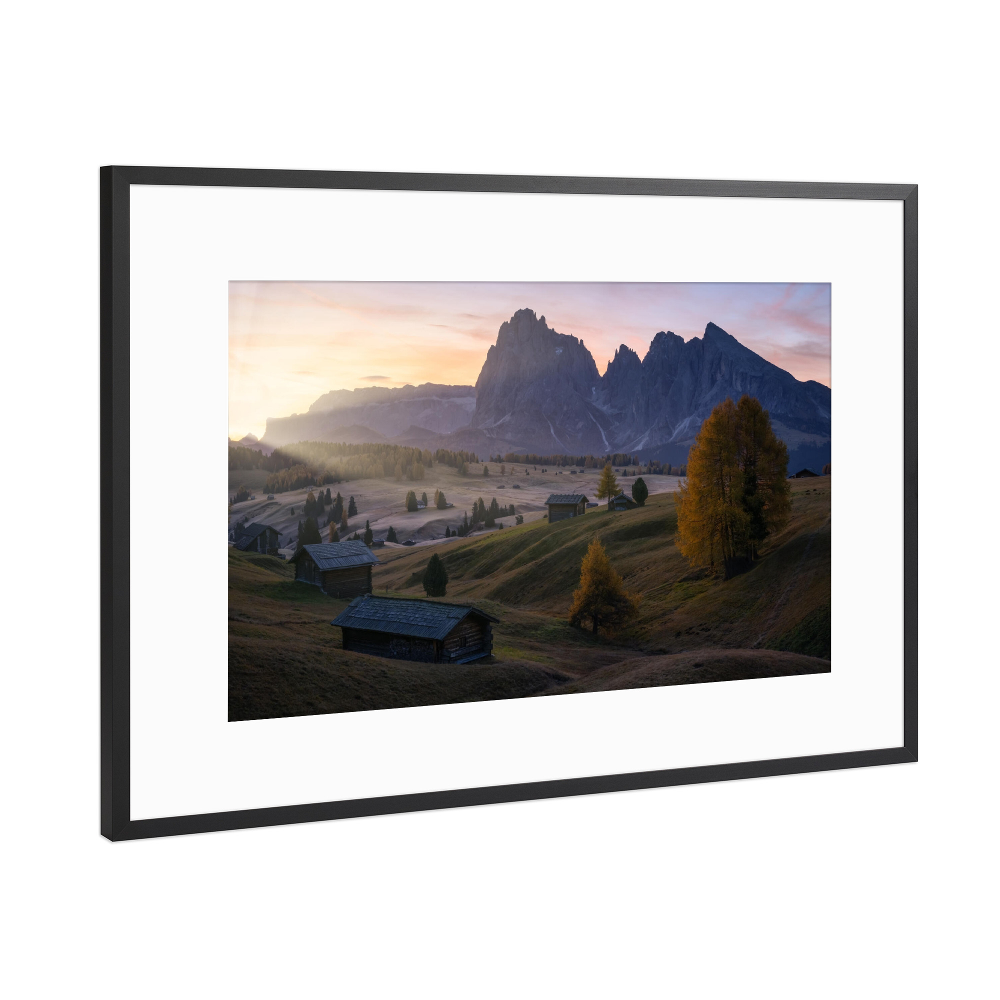 Poster mit Rahmen Schwarz (Metallic) "Erstes Licht auf der Alpe Suisse" artboxONE - Natur,Reise,Reise / Länder