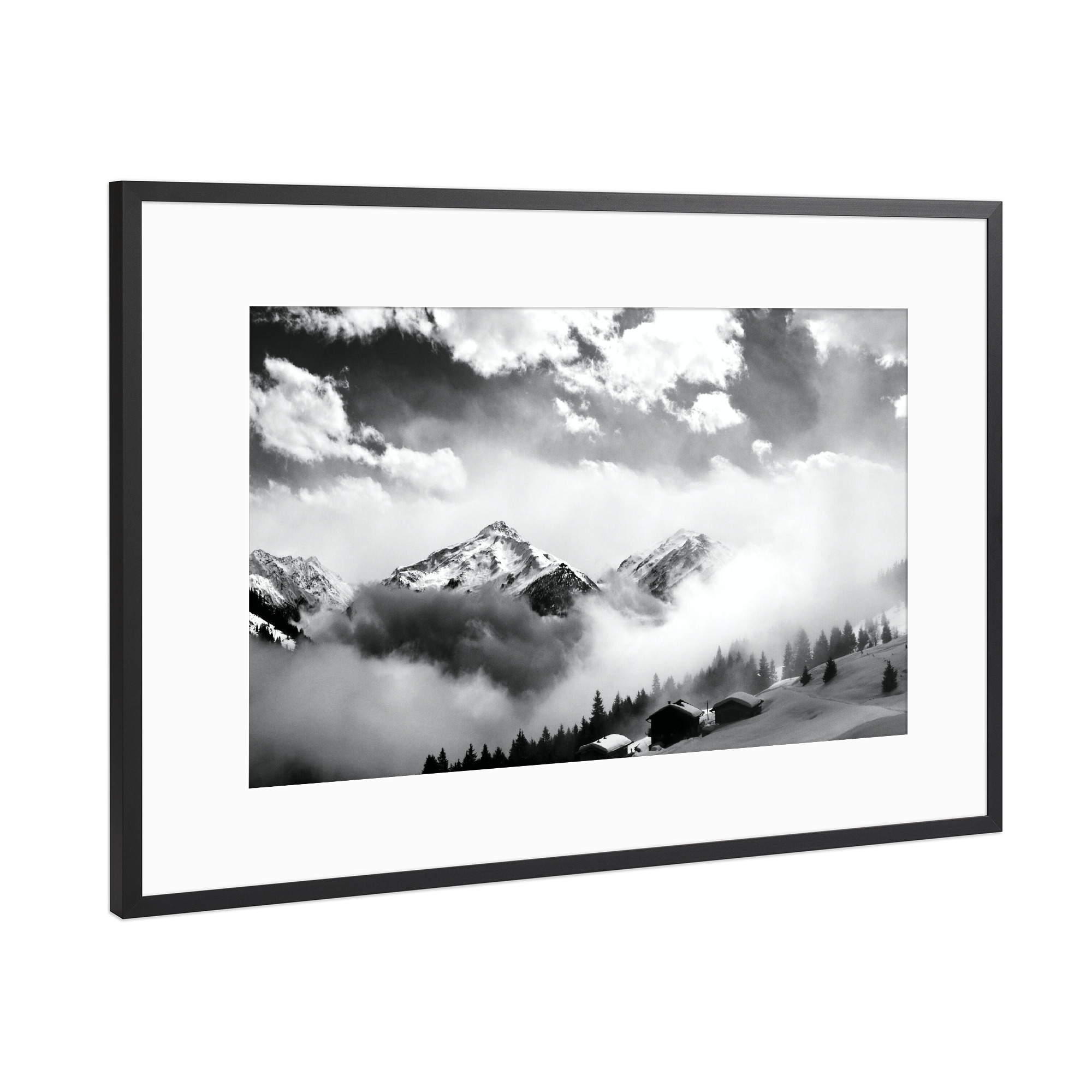Poster mit Rahmen Schwarz (Metallic) "Schneebedeckte Berge im Winter" artboxONE - Natur,Reise,Schwarzweiß