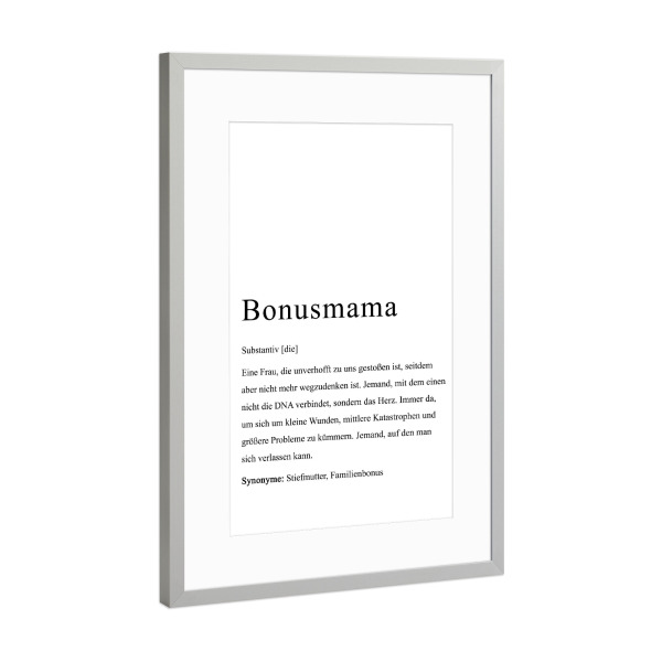 Poster mit Rahmen Silber "Bonus Mama" artboxONE - Typografie,Liebe,Für Mama