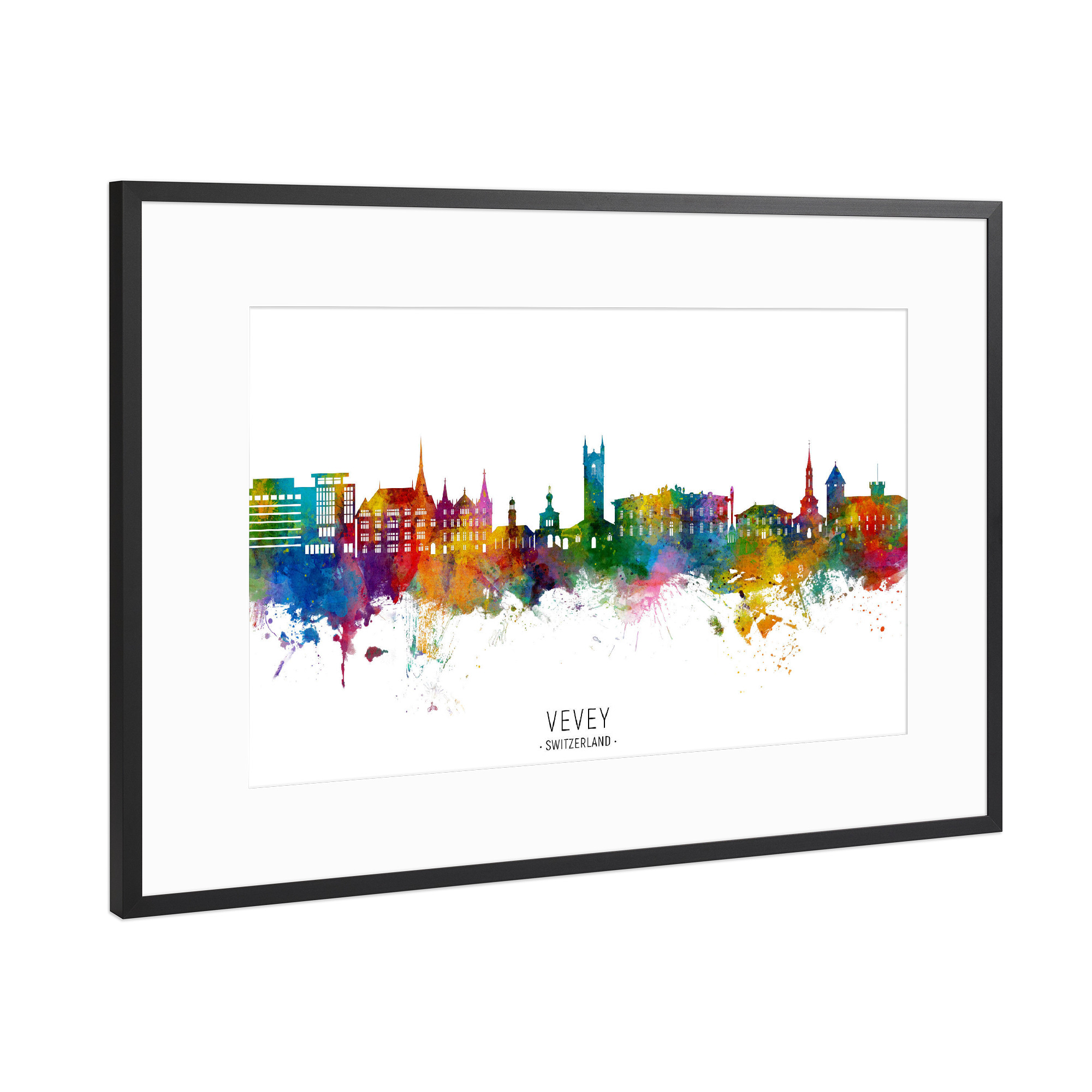 Poster mit Rahmen Schwarz (Metallic) "Vevey Schweiz Skyline txt" artboxONE - Städte - Vevey,Schweiz,Skyline,Stadtbild,Stadtbild,Aquarell,Malerei