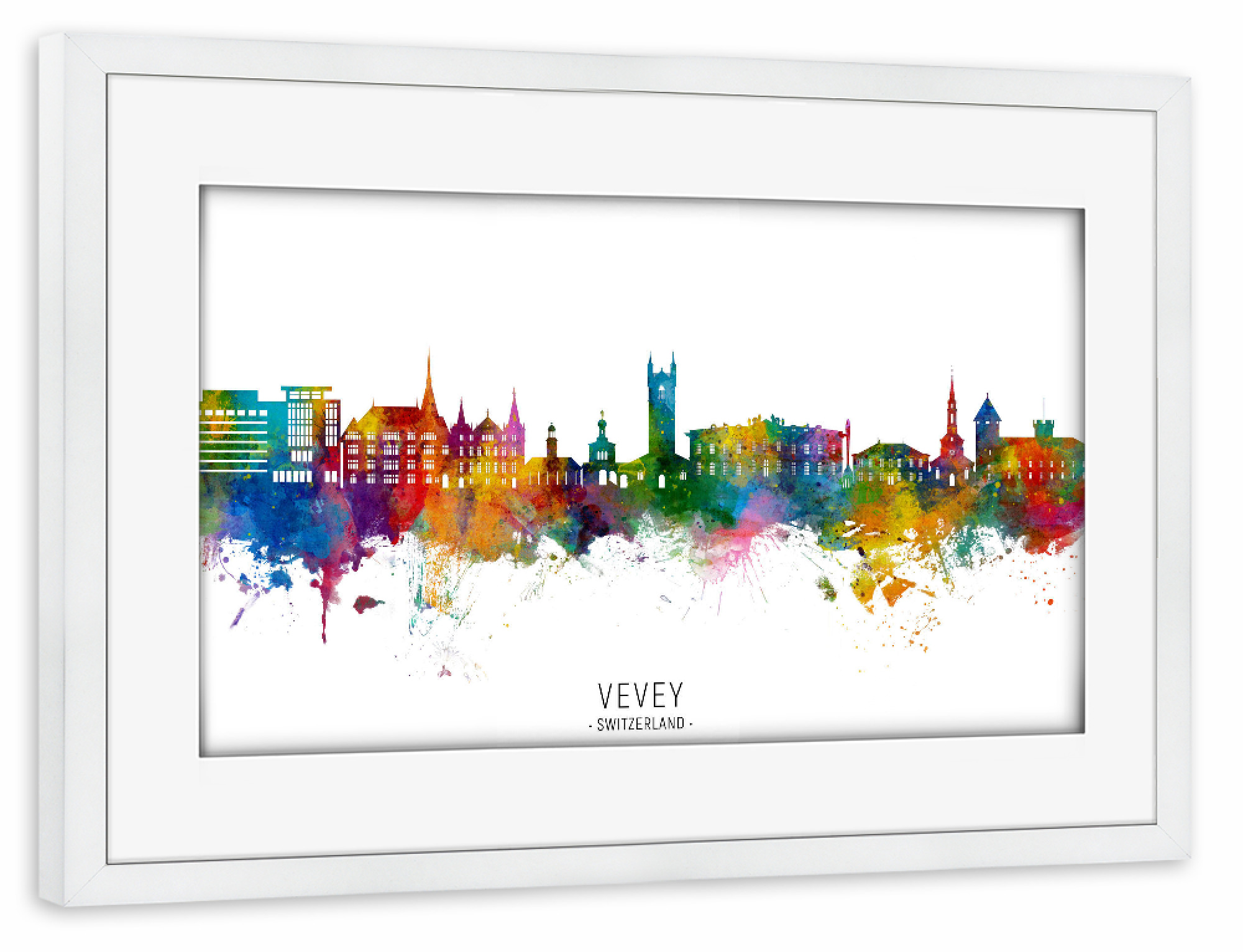 Poster mit Rahmen weiß "Vevey Schweiz Skyline txt" artboxONE - Städte - Vevey,Schweiz,Skyline,Stadtbild,Stadtbild,Aquarell,Malerei