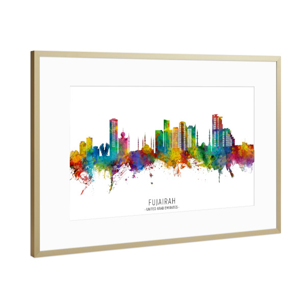 Poster mit Rahmen Gold "Fudschaira Skyline txt" artboxONE - Städte