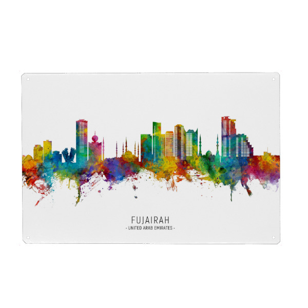 Holzbild "Fudschaira Skyline txt" artboxONE - Städte - Fujairah,Vereinigte arabische emirate,Skyline,Stadtbild,Stadtbild,Aquarell,Malerei
