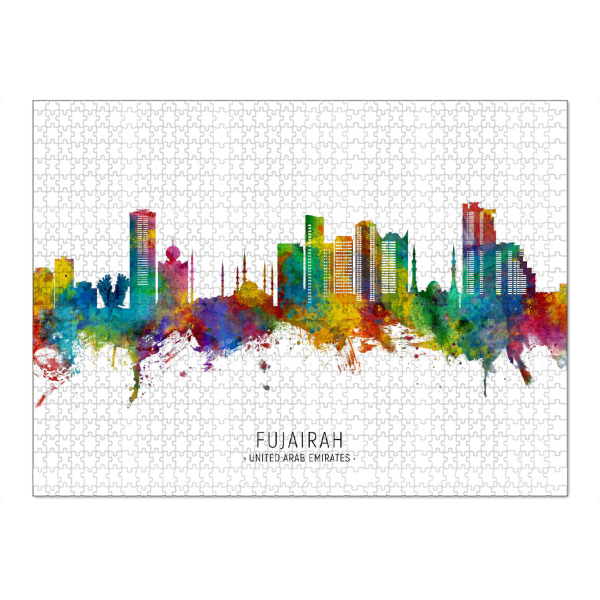 Puzzle Ravensburger "Fudschaira Skyline txt" artboxONE - Städte - Fujairah,Vereinigte arabische emirate,Skyline,Stadtbild,Stadtbild,Aquarell,Malerei