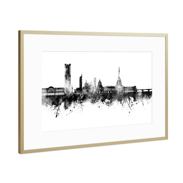 Poster mit Rahmen Gold "Turin Italien Skyline Schwarz" artboxONE - Städte - Turin,Italien,Skyline,Stadtbild,Stadtbild,Aquarell,Malerei