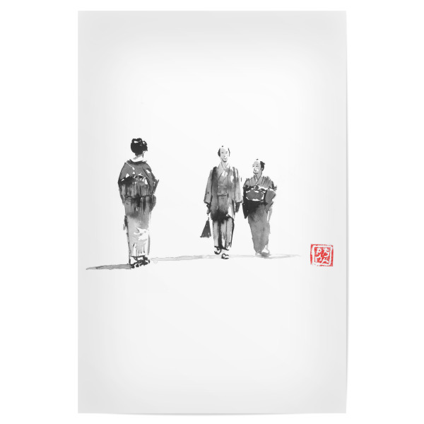 Poster 30x20 cm "Eine Geisha überqueren" artboxONE - Menschen,Schwarzweiß,Städte / Tokio - Edo,Sumie,Japan,Geisha,Samurai