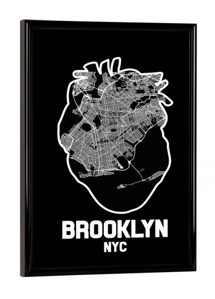 Poster mit schwarzem Rahmen "Brooklyn New York City Herzkarte" artboxONE - Städte / New York,Kartografie