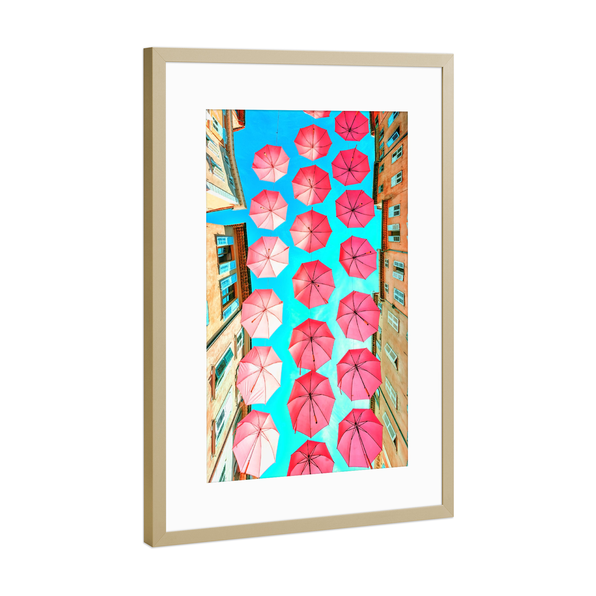 Poster mit Rahmen Gold "Rosa Regenschirme" artboxONE - Städte,Reise,Architektur,Reise / Länder,Städte / Weitere