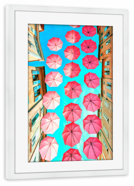 Poster mit Rahmen weiß "Rosa Regenschirme" artboxONE - Städte,Reise,Architektur,Reise / Länder,Städte / Weitere