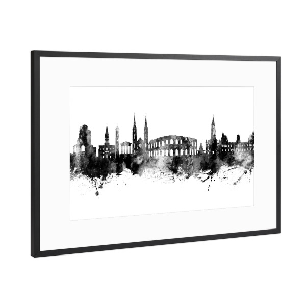 Poster mit Rahmen Schwarz (Metallic) "Nîmes Frankreich Skyline Schwarz" artboxONE - Städte