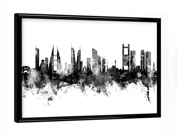 Poster mit schwarzem Rahmen "Manama Bahrain Skyline Schwarz" artboxONE - Städte - Manama,Bahrain,Skyline,Stadtbild,Stadtbild,Aquarell,Malerei