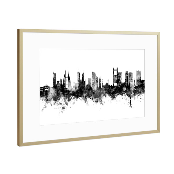 Poster mit Rahmen Gold "Manama Bahrain Skyline Schwarz" artboxONE - Städte - Manama,Bahrain,Skyline,Stadtbild,Stadtbild,Aquarell,Malerei