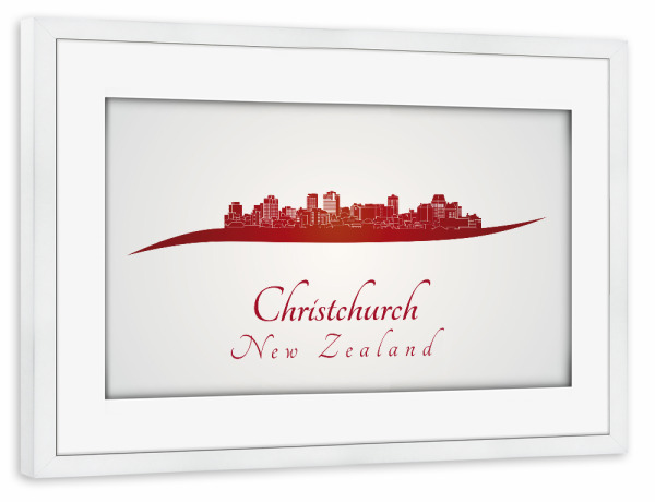 Poster mit Rahmen weiß "Christchurch-Skyline in Rot" artboxONE - Städte,Architektur