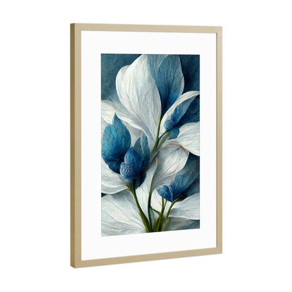 Poster mit Rahmen Gold "Blume in Blau und Weiß" artboxONE - Natur,Floral,Abstrakt