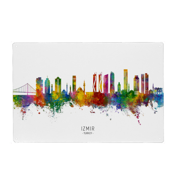 Holzbild "Izmir Türkei Skyline txt" artboxONE - Städte - Izmir,Türkei,Skyline,Stadtbild,Stadtbild,Aquarell,Malerei