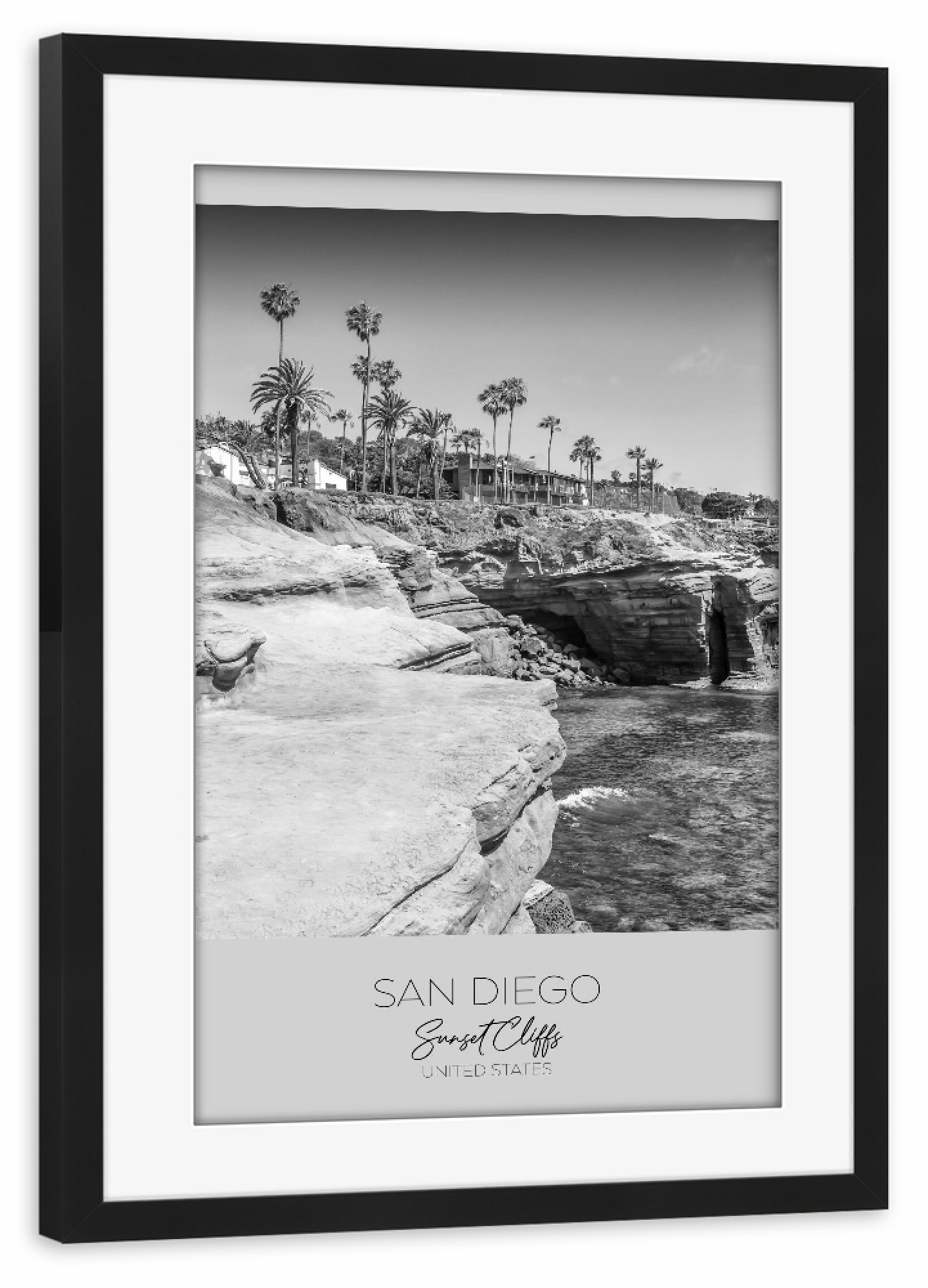 Poster mit Rahmen schwarz "Im Fokus: SAN DIEGO Sunset Cliffs" artboxONE - Schwarzweiß,Architektur,Städte / Weitere