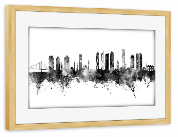 Poster mit Rahmen kiefer "Izmir Türkei Skyline Schwarz" artboxONE - Städte - Izmir,Türkei,Skyline,Stadtbild,Stadtbild,Aquarell,Malerei