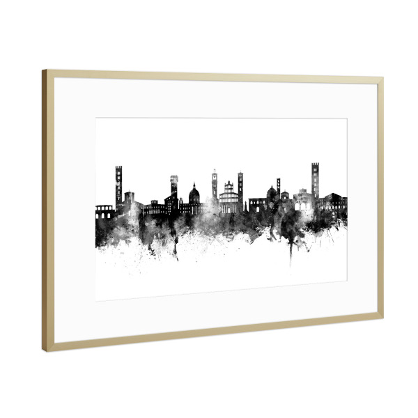 Poster mit Rahmen Gold "Lucca Italien Skyline Schwarz" artboxONE - Städte - Lucca,Italien,Skyline,Stadtbild,Stadtbild,Aquarell,Malerei