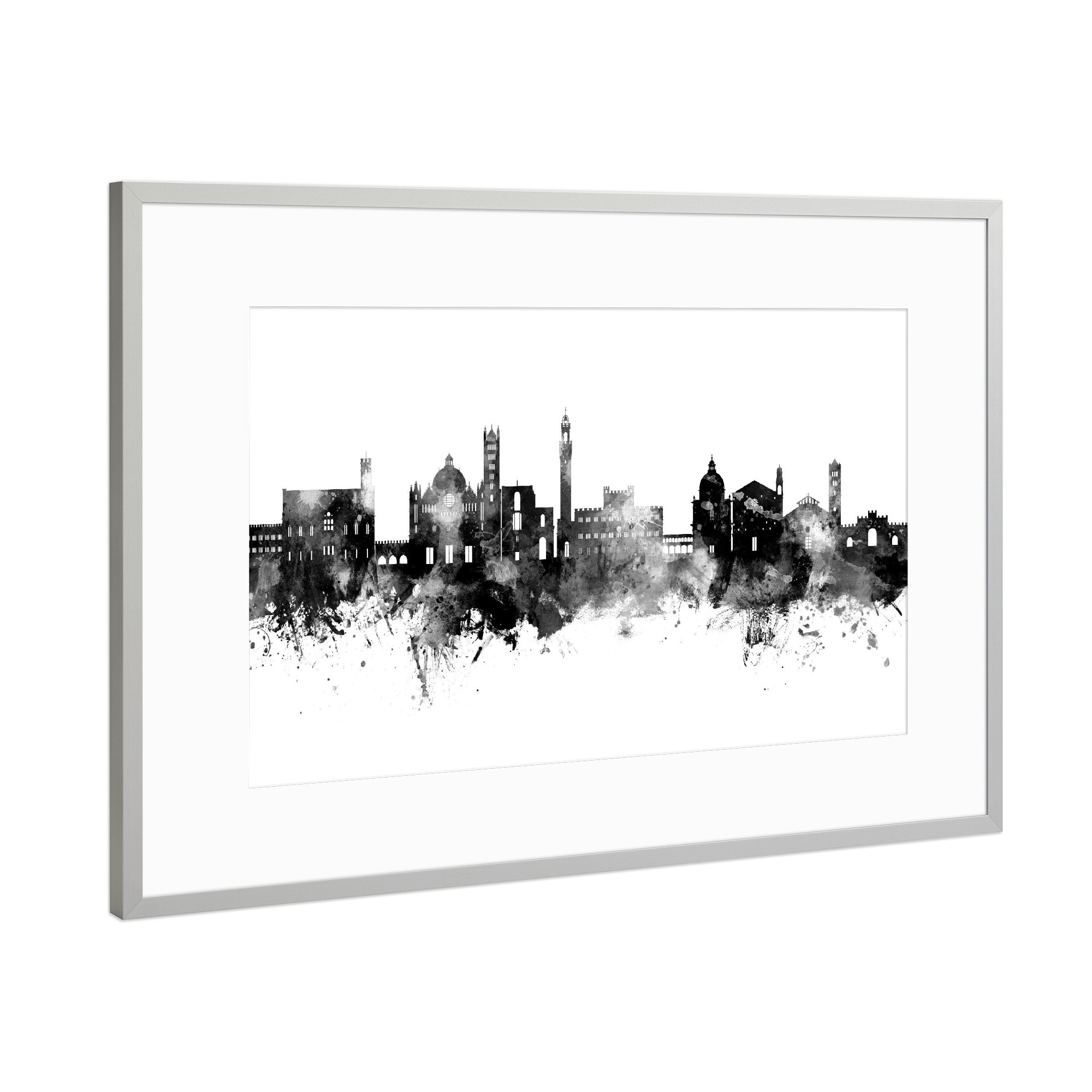 Poster mit Rahmen Silber "Siena Italien Skyline Schwarz" artboxONE - Städte - Siena,Italien,Skyline,Stadtbild,Stadtbild,Aquarell,Malerei