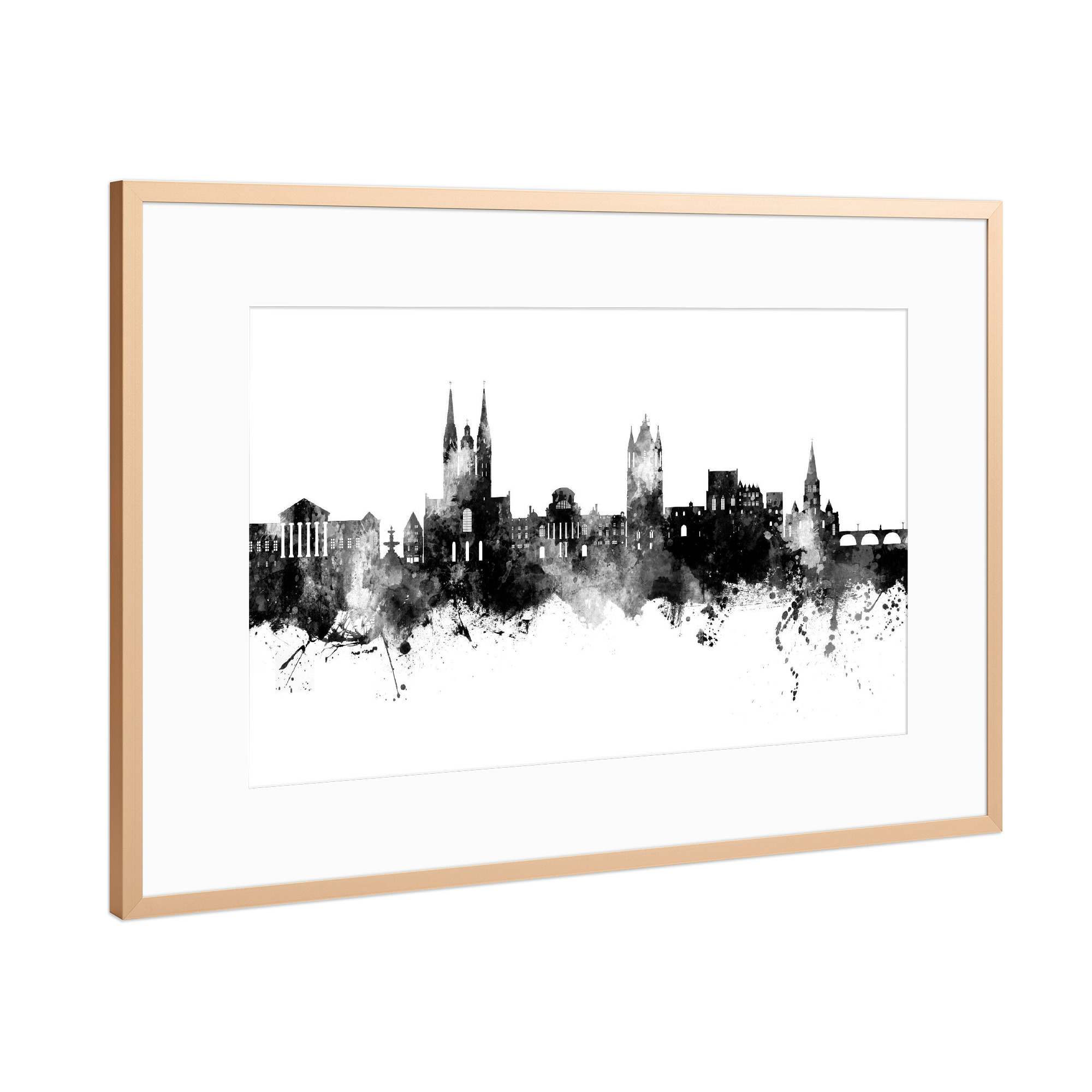 Poster mit Rahmen Kupfer "Angers Frankreich Skyline Schwarz" artboxONE - Städte - Angers,Frankreich,Skyline,Stadtbild,Stadtbild,Aquarell,Malerei